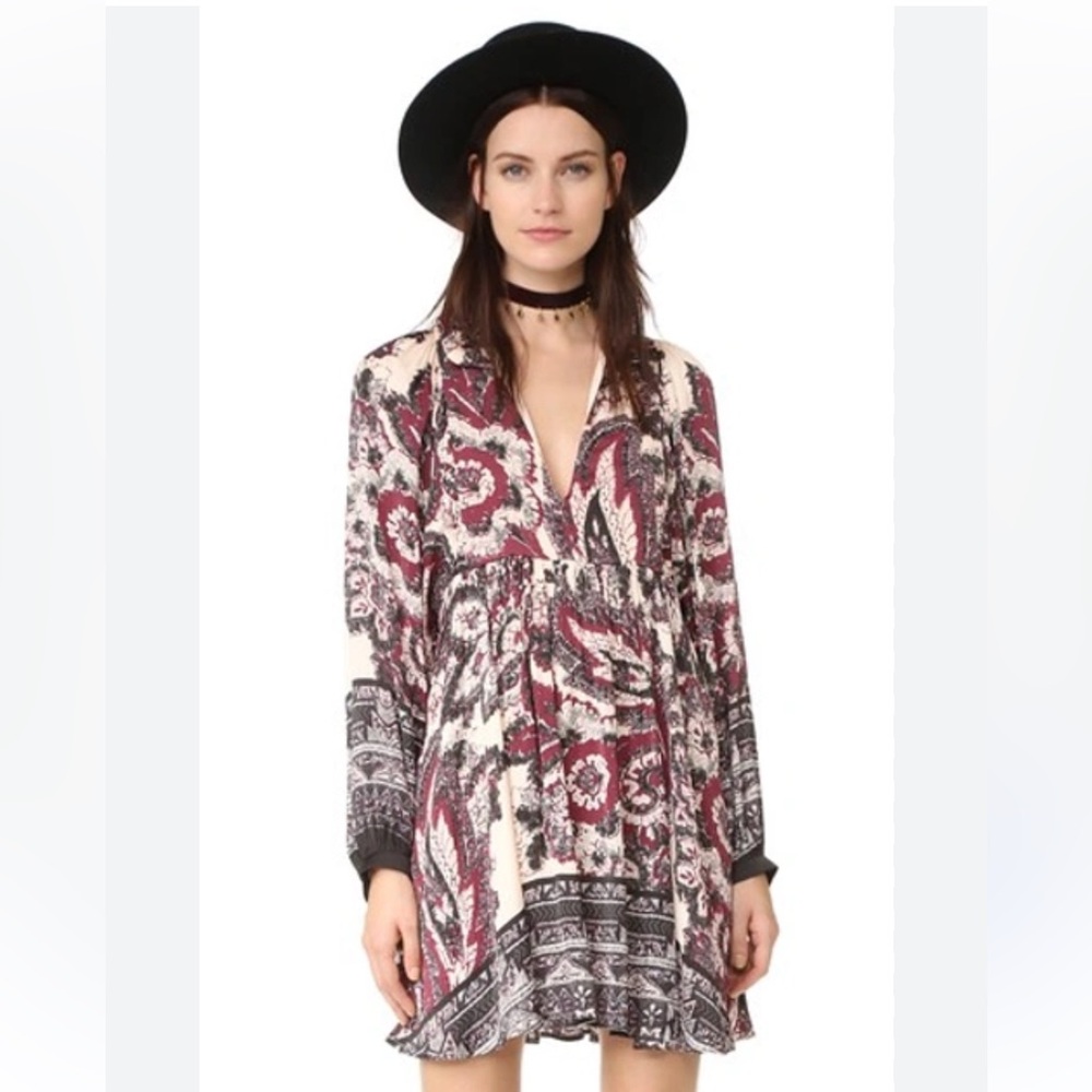 Free People Long Sleeve Dress - Burgundy and Cream